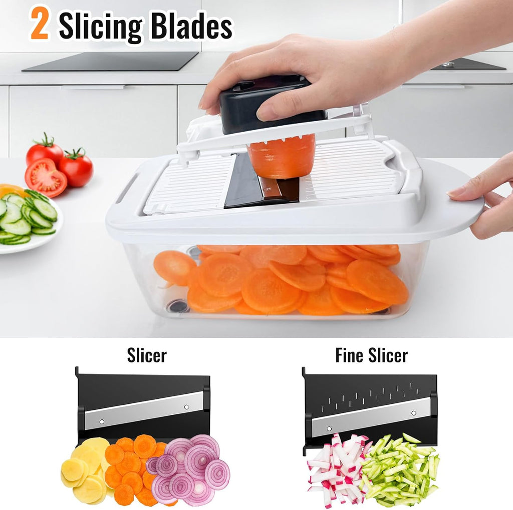 8-Blade Vegetable Chopper & Mandoline Slicer with Container – All-in-1 Kitchen Cutter, Onion & Salad Chopper (White)