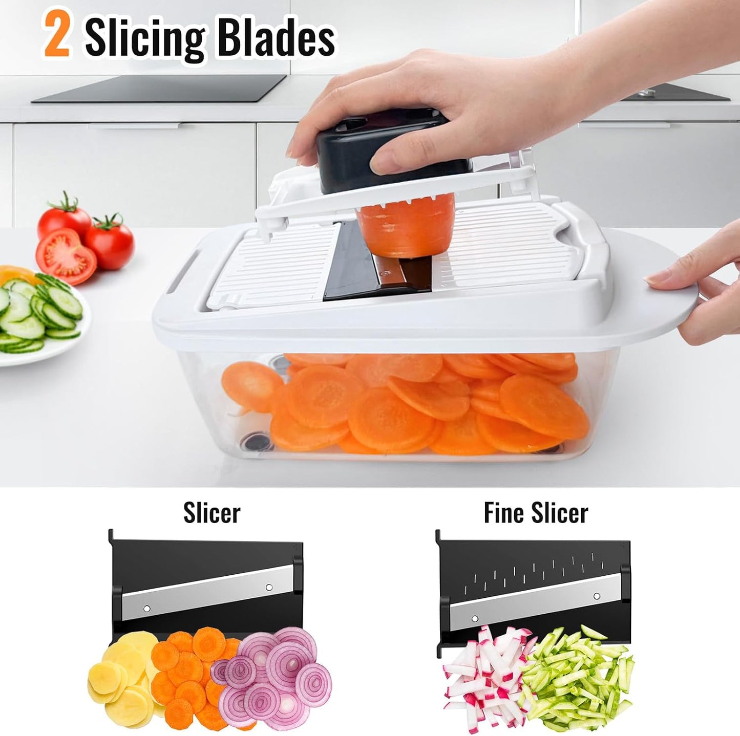 8-Blade Vegetable Chopper & Mandoline Slicer with Container – All-in-1 Kitchen Cutter, Onion & Salad Chopper (White)