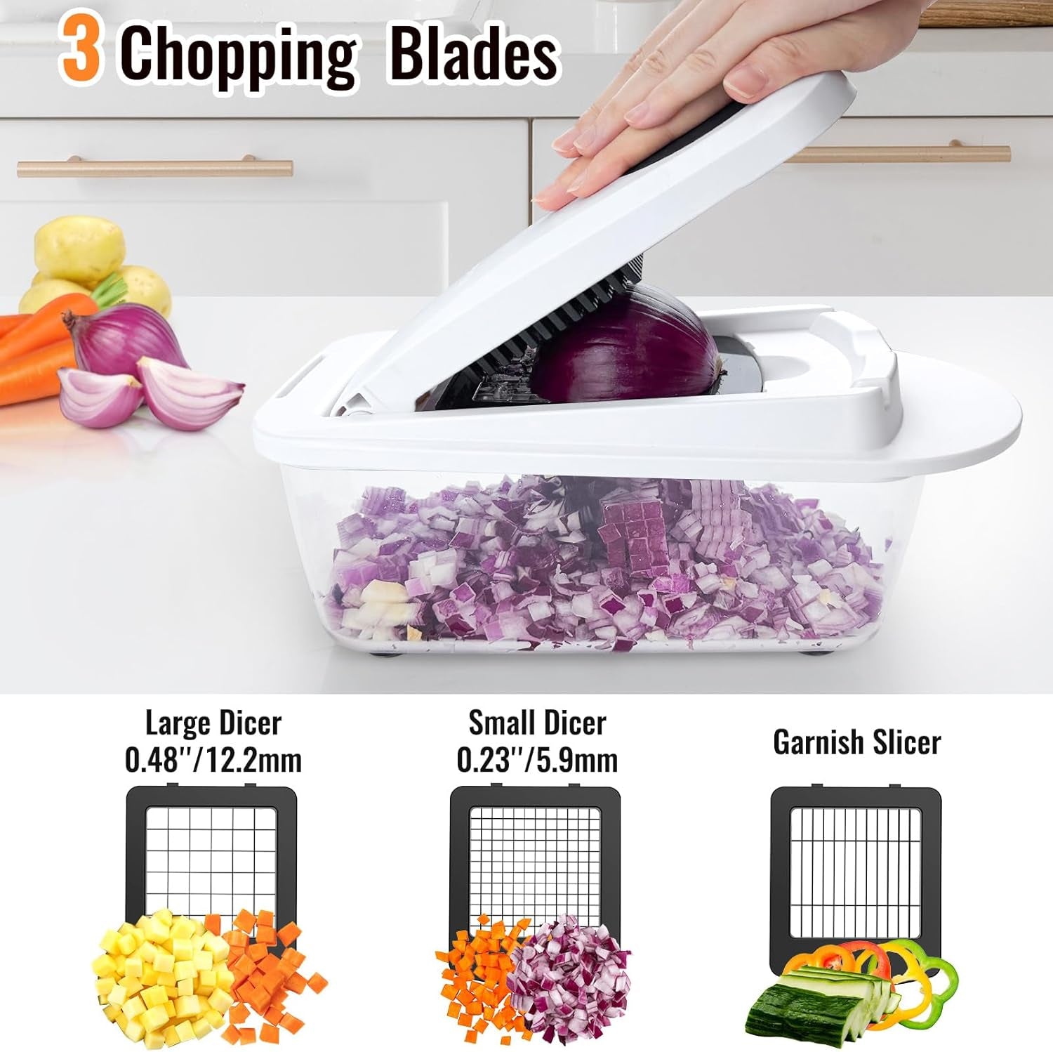 8-Blade Vegetable Chopper & Mandoline Slicer with Container – All-in-1 Kitchen Cutter, Onion & Salad Chopper (White)