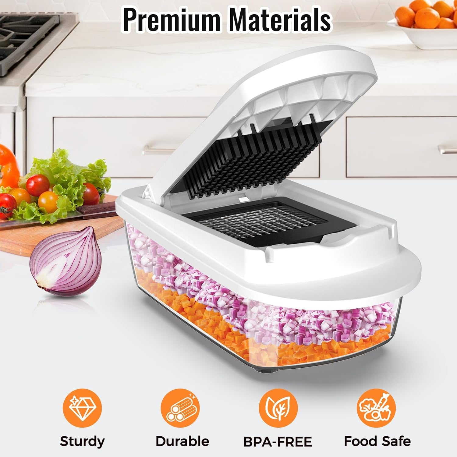 8-Blade Vegetable Chopper & Mandoline Slicer with Container – All-in-1 Kitchen Cutter, Onion & Salad Chopper (White)